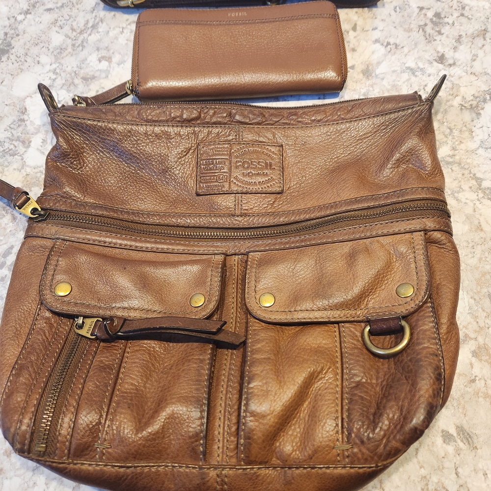 Vintage Fossil Brown Leather Women Bag Includes Wallet